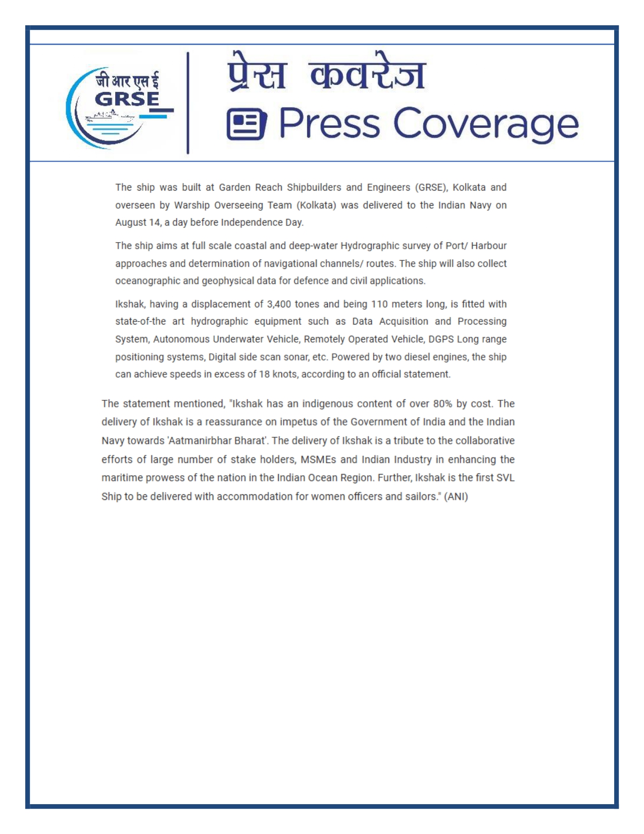 Press Coverage : 15 Aug 25:Navy takes delivery of Third Survey Vessel 'Ikshak' from GRSE